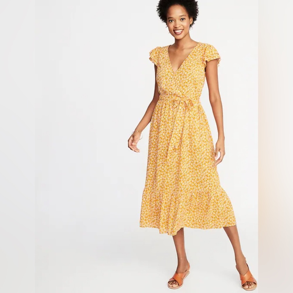 Old Navy Waist-Defined Wrap-Front Midi Yellow Floral